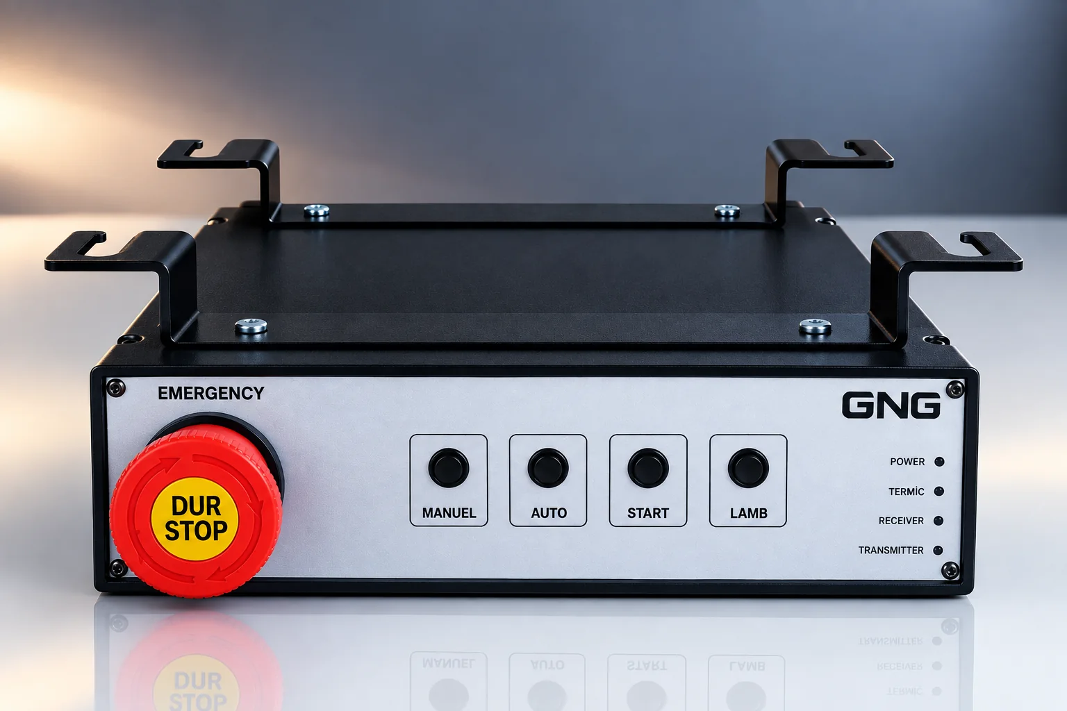Front view of the GNG conveyor control unit: emergency stop button, MANUEL, AUTO, START and LAMB keys, four indicator LEDs
